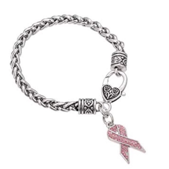 Boutique Jewelry - Breast Cancer Pink Crystals Ribbon Charm Bracelet